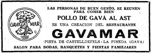 Anuncio de los pollos a l'ast del Restaurante Gavamar de Gav Mar publicado en el diario LA VANGUARDIA (21 de Septiembre de 1957)